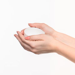 Woman hand with cup on white background