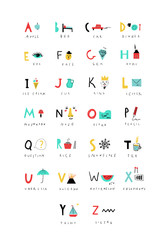 Cute alphabet. Letters and words. Learn to read. Isolated.
