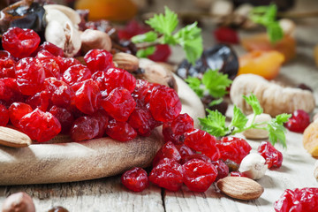 Sweet dried cherries, pitted, selective focus