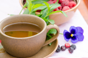 Cup of tea with mint and raspberry