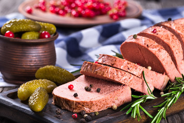 liver pate with red currants, pickles and spices - obrazy, fototapety, plakaty