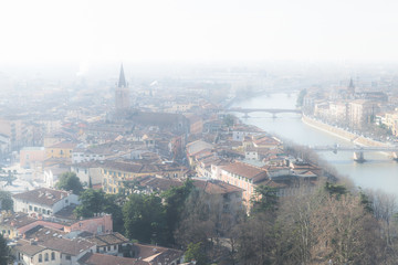 Panorama of Verona (Italy) in the fog.