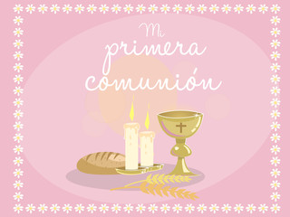 Fototapeta na wymiar My first communion. Card invitation. Religious elements on blue