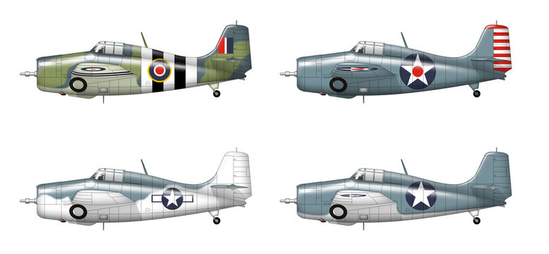 F4f Grumman wildcat . Illustration in four versions of the famous military ww2 plane