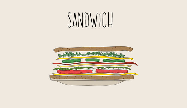 Vector sketch  illustration  sandwich with cheese, tomatoes, lettuce and sausage