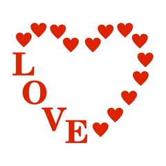 Valentine's greeting with a big red heart composed of small red hearts and red with lettering love left downwards on a white background