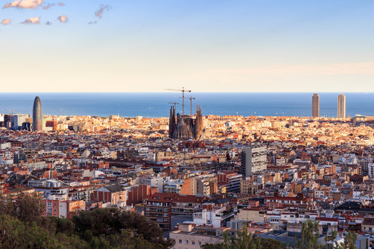 View of the construction Sagrada Familia and over the sea of houses in Barcelona. With approx. 1.6 million inhabitants, Barcelona is the capital from Catalonia