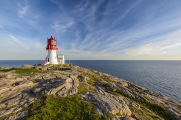 Lighthouse Lindesnes Fyr on most southern point of Norway
 - obrazy, fototapety, plakaty