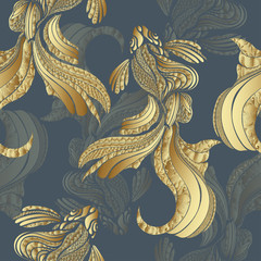 Abstract Gold fish seamless pattern, vintage. Decorative elegant fish, with golden scales, with a variety of gold ornaments. Jewel ornament. Rich, luxurious design element. Wallpaper, fabric design