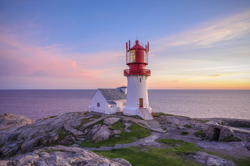 Lighthouse Lindesnes Fyr at evening on most southern point of Norway
 - obrazy, fototapety, plakaty