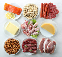 Diet food on a light wooden background