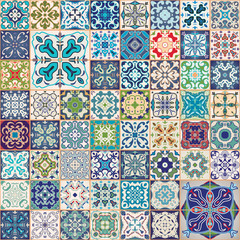 Gorgeous floral patchwork design. Colorful Moroccan or Mediterranean square tiles, tribal ornaments. For wallpaper print, pattern fills, web background, surface textures.  Indigo blue white teal 
