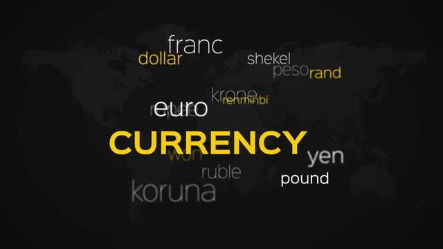 Floating array or word cloud of currency related terminology words and names on a black world map background.