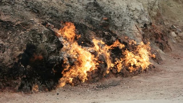 Burning mountain in Yanar Dag. Azerbaijan, Slow Motion