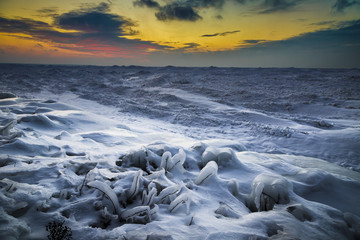 Wintery Sunset on Lake Huron Shore
