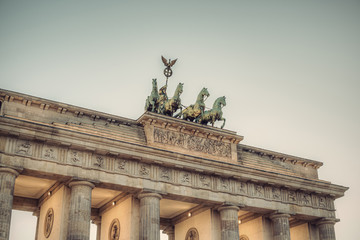 the bronze sculpture Quadriga on top of the Brandenburg Gate, Berlin, Germany, Europe, vintage style   © AR Pictures