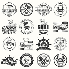 set of seafood labels and signs