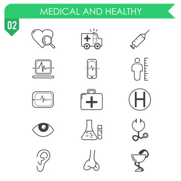 Set of medical and healthy icons on white background.