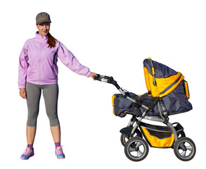 A Young mother athlete with a baby buggy