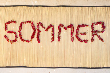Typographie aus Johannesbeeren in sommerlicher Athmosphäre, Sommer geschrieben mit Obstbuchstaben