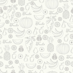 Vector seamless pattern with cartoon isolated fruits on white color