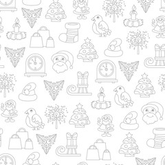 Vector seamless pattern with cartoon symbols of Happy New Year and Christmas Day on white color