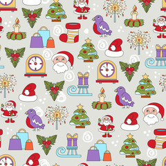 Vector seamless pattern with cartoon symbols of Happy New Year and Christmas Day