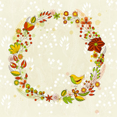 Vector colorful card with floral wreath and bird