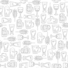 Vector seamless pattern with isolated mugs of beer on white color