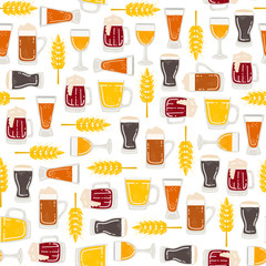 Vector seamless pattern with isolated mugs of beer