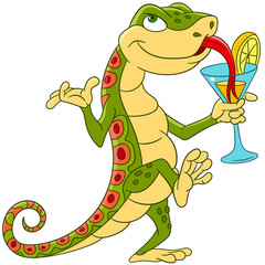 Obraz premium cute cartoon lizard dancing and drinking a cocktail on a disco party in night club or cafe-bar, isolated on a white background