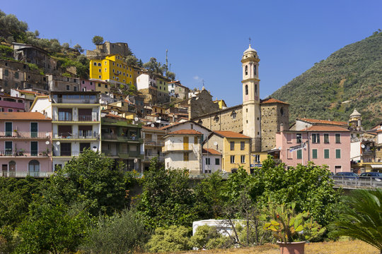 Street view of old town Badalucco in the Province of Imperia in the Italian region Liguria.