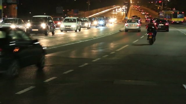  Night car traffic jam at Branko Bridge (Brankov Most) across Sava in autumn.