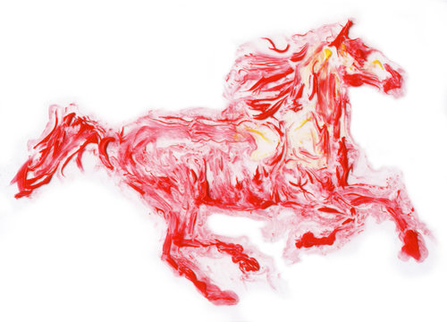 Red horse running ,  hand made painting