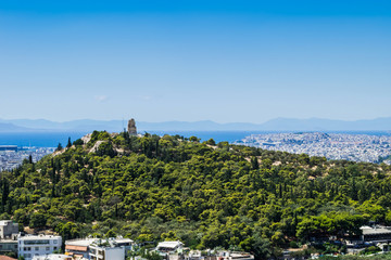 Fototapeta na wymiar Panoramic view of Athens, Greece, Lecabetus Hill also known as Lykabettos or Lykavittos from the Acropolis in a summer day