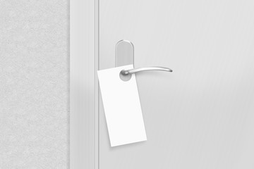 Door knob with blank flyer mock up. Empty white flier mockup hang on door handle. Leaflet design on entrance doorknob.

