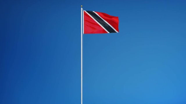 Trinidad and Tobago flag waving in slow motion against blue sky, seamlessly looped, long shot, isolated on alpha channel with black and white luminance matte, perfect for film, news, composition