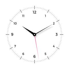 Fototapeta premium White clock face with black and red pointer on white background. Vector Illustration