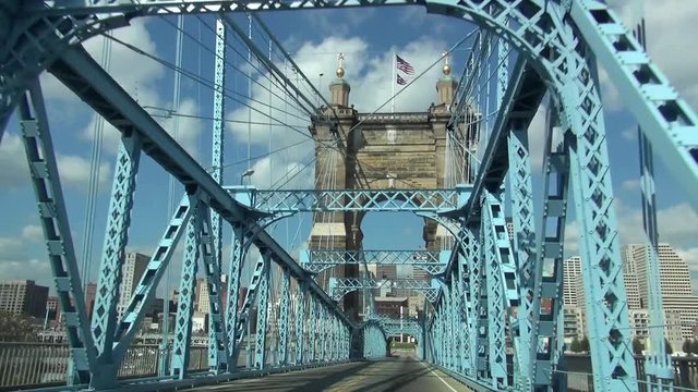 Driving on an old Bridge over the Ohio River like Brooklyn Bridge  - CINCINNATI, OHIO USA