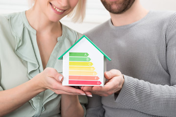 Young Couple Showing Energy Efficiency Rate On House Model