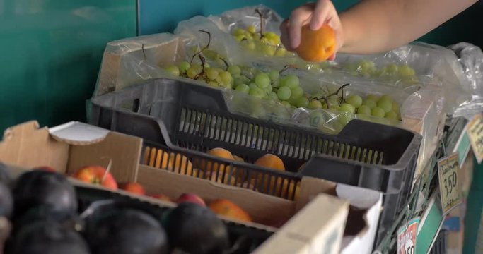 Closeup shot of packs with fruit in the shop or street stall, someone is choosing apricots before buying.