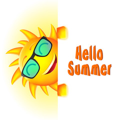 Smiling Sun Character with Hello Summer Text and White Space for Message Vector Illustration
