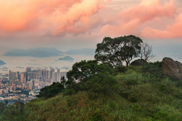 Hazy Hong Kong city skyline,an aerial view from Kowloon peak