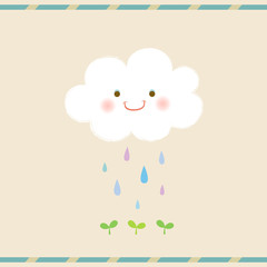 Cute smiling cloud and rain drops falling on the green sprout