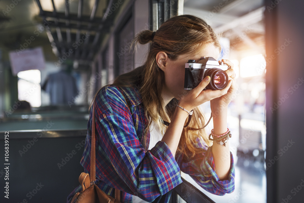 Wall mural girl adventure hangout traveling holiday photography concept