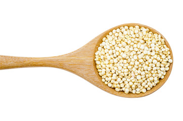Raw white quinoa seeds in wooden spoon.
