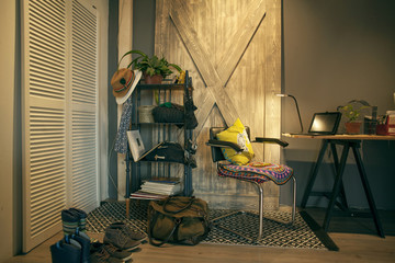 Chair, tablet computer and shelves in home office
