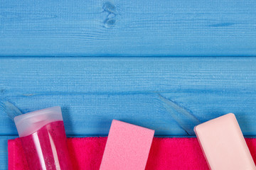 Accessories and cosmetics for personal hygiene in bathroom, concept of body care, copy space for...