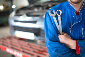 Hand of car mechanic with wrench. Auto repair garage.
- 106846108