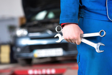 Hand of car mechanic with wrench. Auto repair garage.
- 106846161